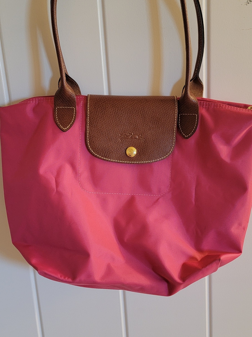 Longchamp Le Pliage Pink Tote with Brown Trim